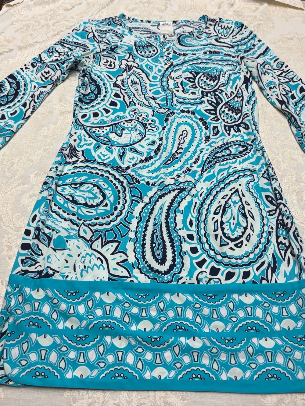 Ali Ro Turquoise & Navy Paisley Long-Sleeve Dress